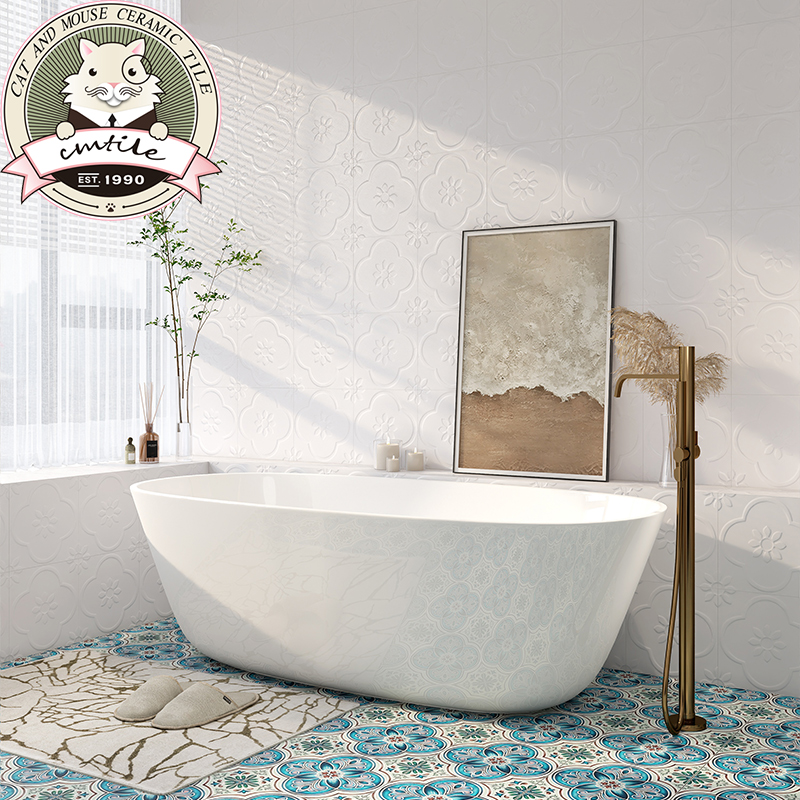 现代简约浮雕花砖卫生间浴室厨房海棠花手绘花砖300阳台墙地砖