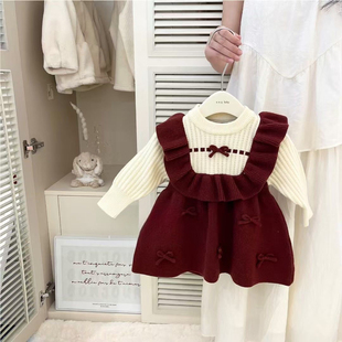 春秋冬女童甜美荷叶边毛衣裙儿童女宝宝纯色毛线连衣裙针织裙子