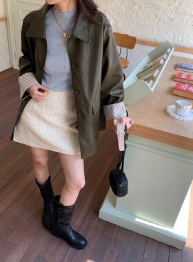 3th Morning 小众设计 韩系拼接条纹袖口翻领PU皮外套ZY3376