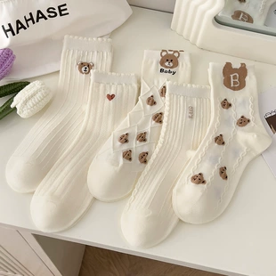 薄款 纯棉小熊中筒袜卡通可爱网红款 白色袜子女春秋款 长袜女生夏季