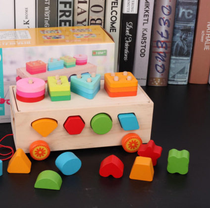 幼儿童早教数字颜色认知形状配对几何积木拖车智力盒木制益智玩具
