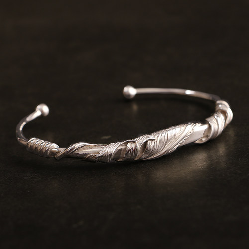 一休老银匠男女银绕线羽毛手镯