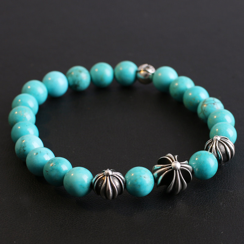 一休老银匠S925纯银十字花字母珠原矿优化松石手链潮流男女款手环