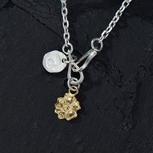 一休老银匠 925纯银铜花鹰头饼项链套装 余文乐同款 简约百搭