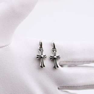 一休老银匠制作S925银纯银小十字架耳钉潮流朋克风格男女款耳坠