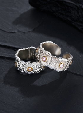 一休老银匠925雏菊花锆石开口戒