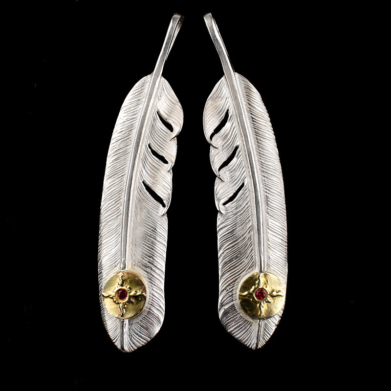 一休高桥风格first arrow s 925纯银点铜印镶红宝石羽毛吊坠
