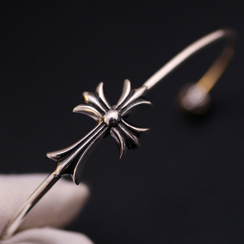 一休老银匠925纯银十字架开口手镯 朋克 潮流 情侣 男女款银手环