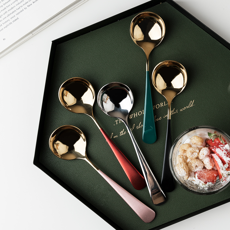 北欧网红304不锈钢饭勺汤勺创意可爱甜品勺汤匙金色勺子儿童饭勺