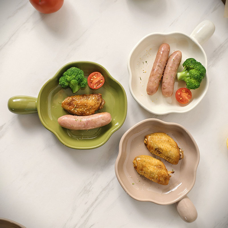 北欧纯色带手柄盘子创意微波炉烤箱烘焙烤盘陶瓷家用菜盘小吃盘