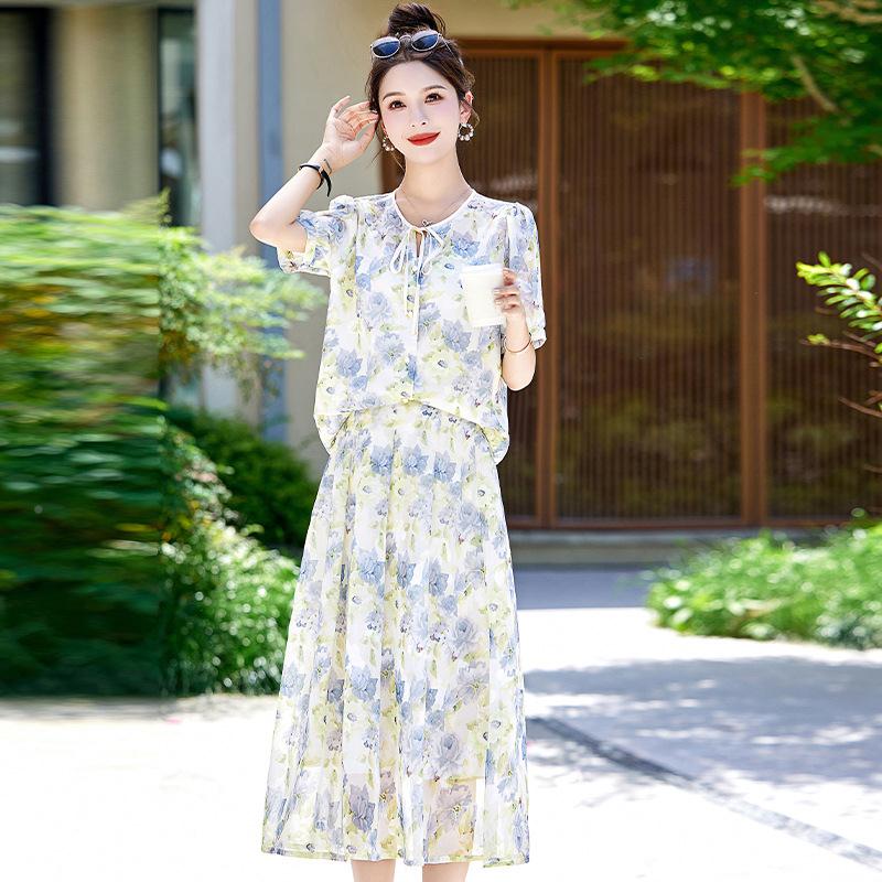 雪纺上ZZI8959Y衣套装裙女夏季款修身显印瘦气衫质花两件套减龄新