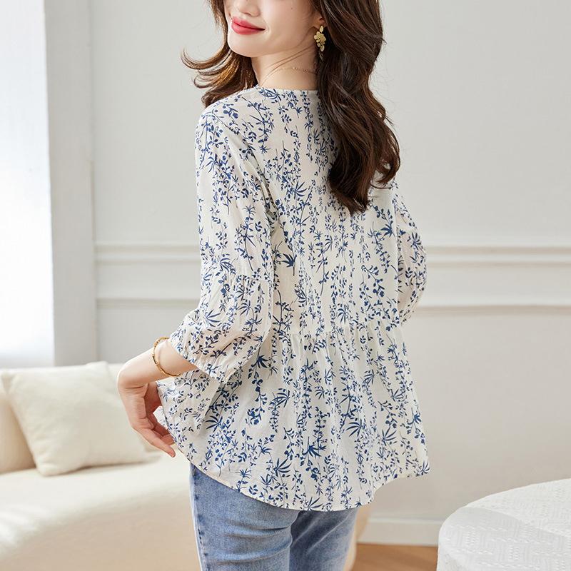 青花瓷新清新衬纯棉衫ZKE401女短袖夏款宽衣松大码小个子衬碎花上