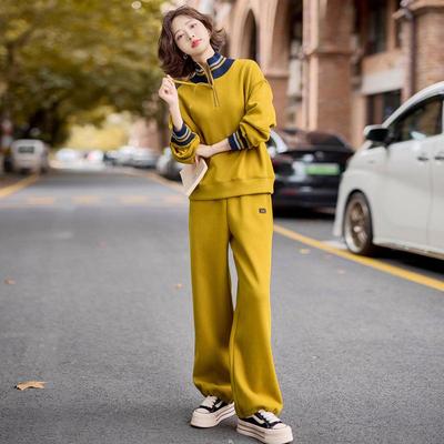 姜黄色休闲ZMENG299运动秋套装女春级感欧货加加厚减龄立领卫衣绒