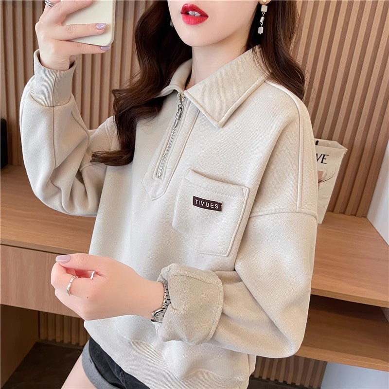 小个子短款Polo领加绒加厚卫衣女