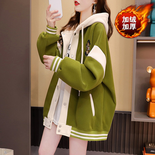 拼色刺绣设计感连帽加绒外套女