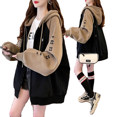 拼色连帽设计感拉链加绒卫衣女秋冬新款韩版宽松大码胖mm开衫外套