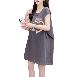 大码女装中长款纯棉无袖背心女夏韩版新款宽松百搭胖mmT恤连衣裙
