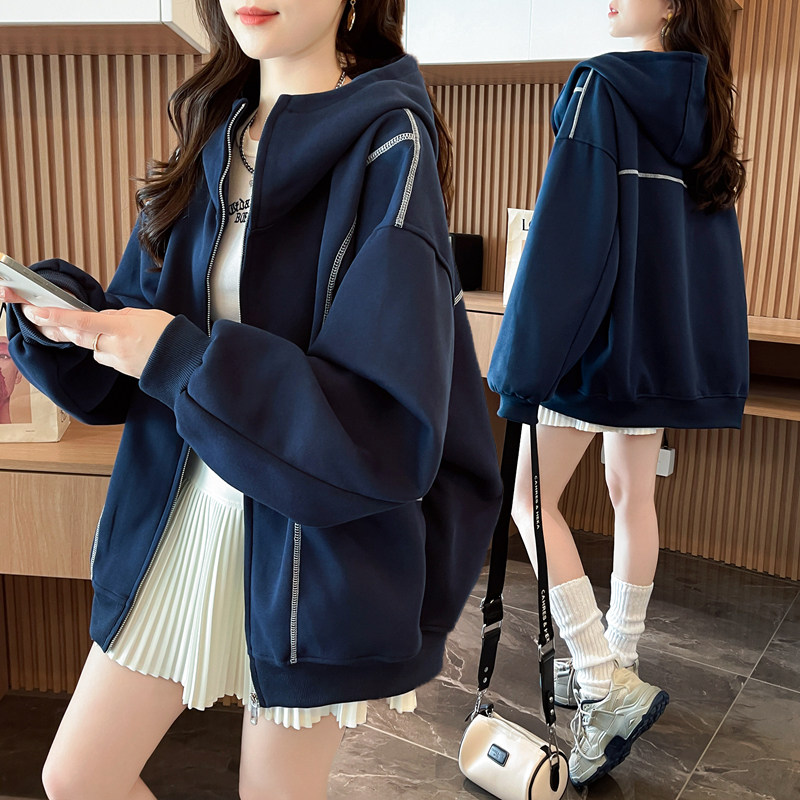 大码设计感拉链薄款卫衣男女春秋新款韩版宽松百搭慵懒风开衫外套