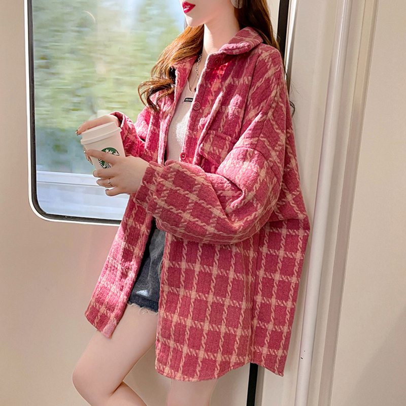 大码女装设计感格子开衫外套女