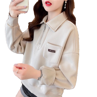 小个子短款Polo领加绒加厚卫衣女秋冬新款韩版宽松百搭设计感上衣