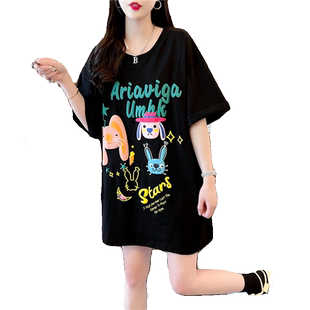 卡通印花纯棉短袖T恤女夏季新款韩版宽松百搭大码300斤胖mm上衣潮