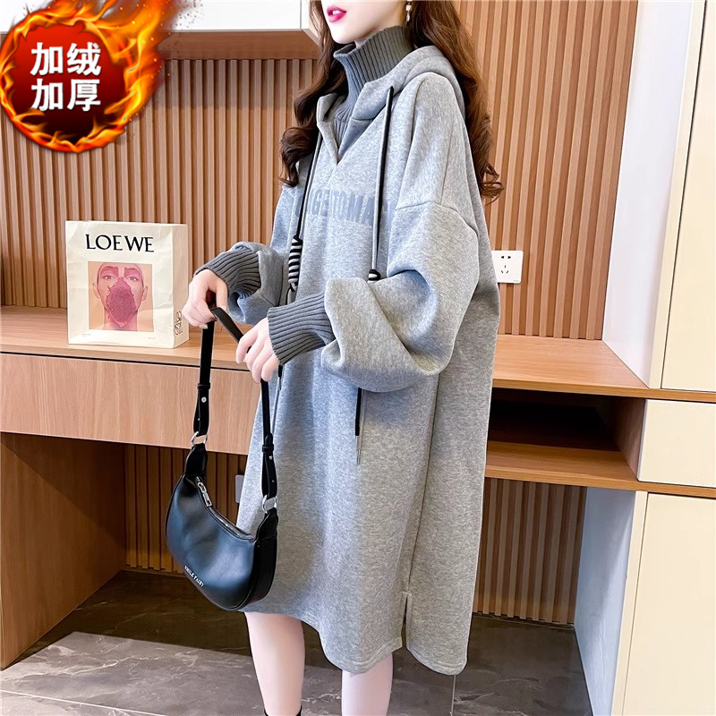 高领假两件长款连帽加绒卫衣女