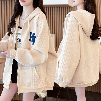 大码女装胖mm拉链薄款卫衣女春秋新款韩版宽松百搭慵懒风开衫外套