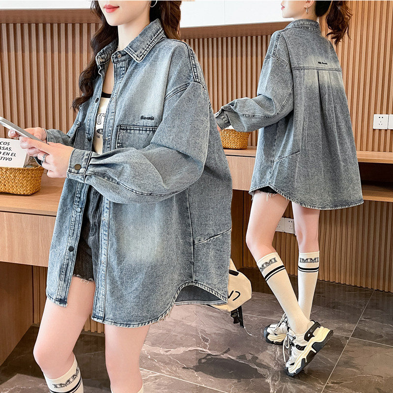 复古做旧薄款牛仔衬衫外套女春秋图片