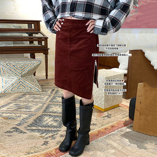 法鲁庄园灯芯绒侧拉链高腰直筒裙韩系气质不规则氛围感红色半身裙