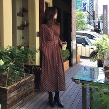 中长款 裙子 复古衬衫 女装 2019初秋冬新款 潮黑色波点雪纺连衣裙长袖
