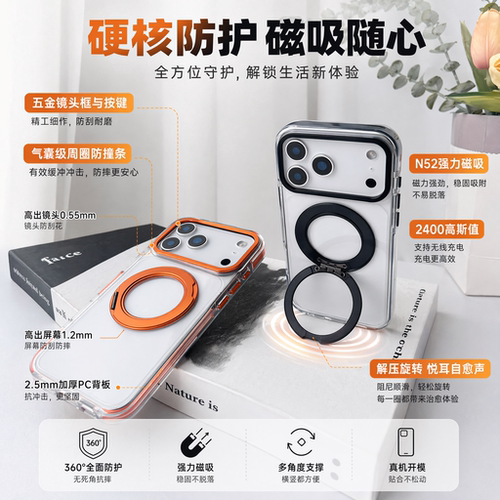 2026款iPhone17ProMax磁吸支点壳360° 旋转支架MagSafe透明壳气囊防摔全包镜头长效抗黄不粘指纹高级保护套