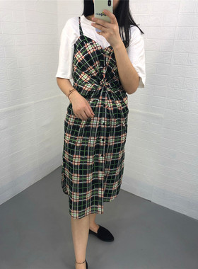 米蔻百家好夏季新款韩吊带格纹收腰显瘦女式连衣裙HTOP322A