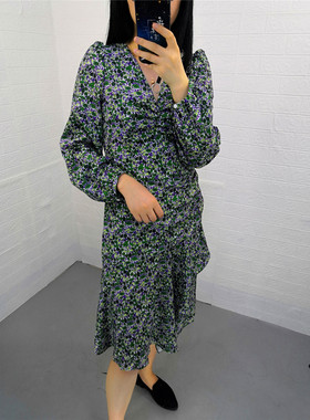 米蔻百家好春夏秋新款韩版长袖V领中长款女式连衣裙HUOP521D