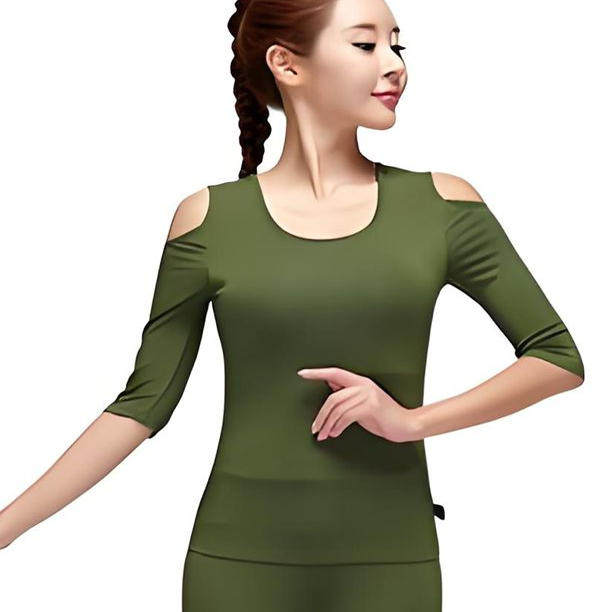 皮尔瑜伽服七分袖露肩修身军绿色人造棉瑜珈服单件上衣胸垫