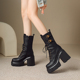 12cm内增高女鞋 秋冬季 新款 复古牛皮超高跟厚底短靴小个子舒适单靴