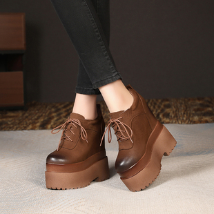 春季牛皮16公分小个子内增高单鞋女复古休闲恨天高系带防水台女鞋