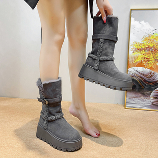 棉靴子 小个子加绒保暖短靴两穿时尚 厚底增高雪地靴女2025秋季 新款