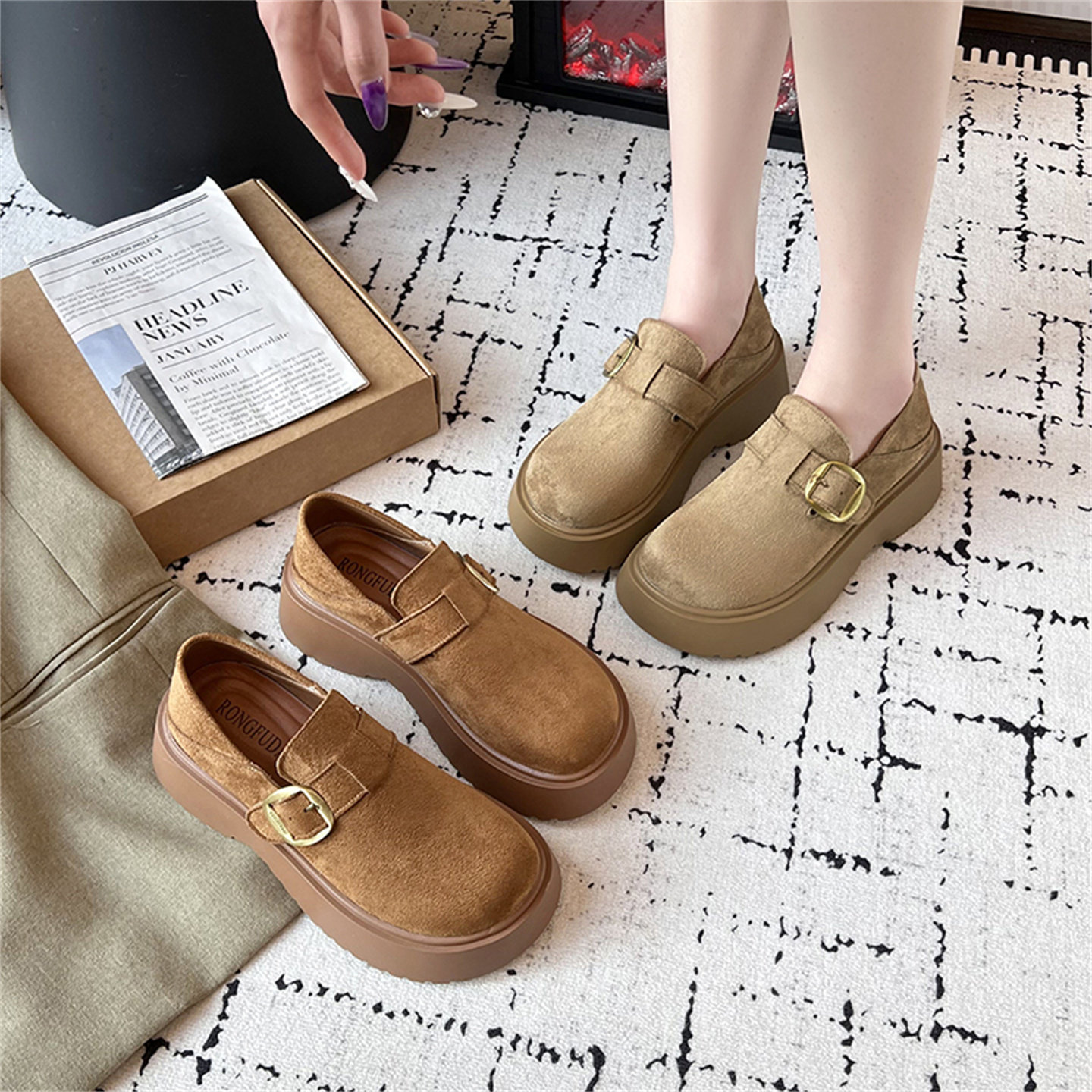 增高厚底勃肯鞋女2026年春季新款一脚蹬懒人单鞋百搭小个子乐福鞋,女鞋,深口单鞋,淘宝优惠券,粉丝福利购,淘宝优惠卷