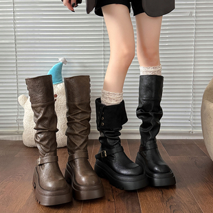 美拉德棕色靴子女长筒靴粗腿堆堆靴小个子厚底两穿西部高筒骑士靴