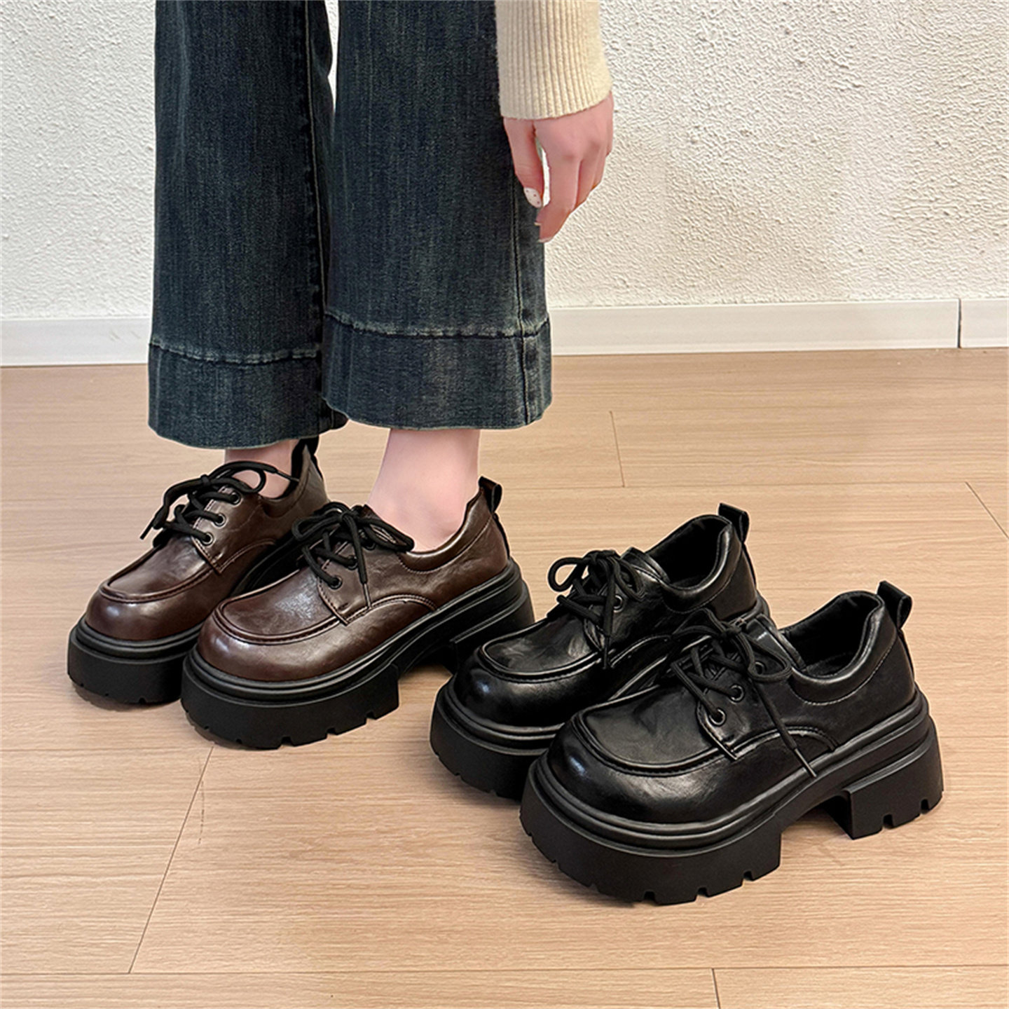 小个子厚底系带单鞋女2026春季新款爆款百搭乐福鞋增高黑色小皮鞋,女鞋,深口单鞋,淘宝优惠券,粉丝福利购,淘宝优惠卷