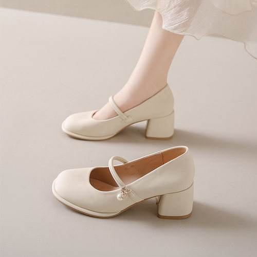 永希单鞋法式珍珠玛丽珍高跟鞋