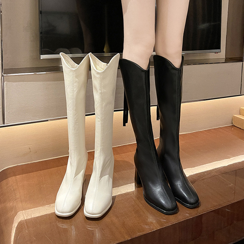 不过膝长筒靴女2022新款粗跟高跟骑士靴帅气百搭英伦风白色瘦瘦靴