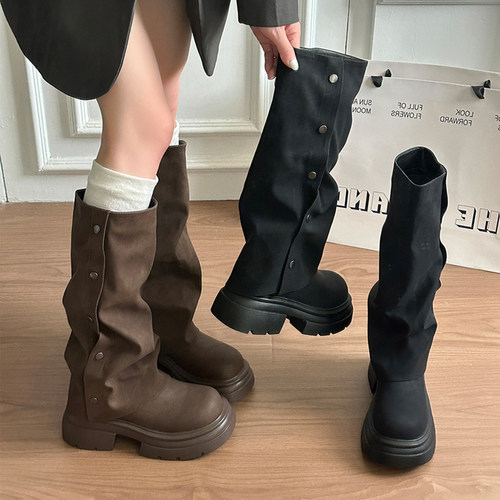 美拉德棕厚底增高女款长筒靴女鞋