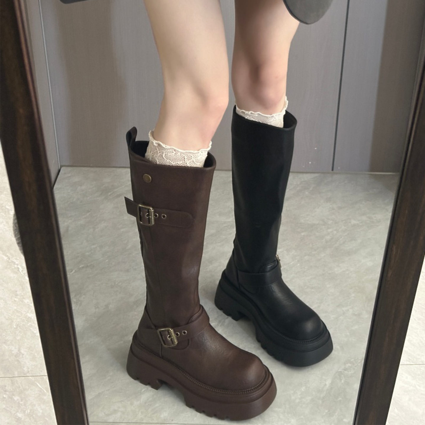 永希女靴小个子黑色复古西部长靴