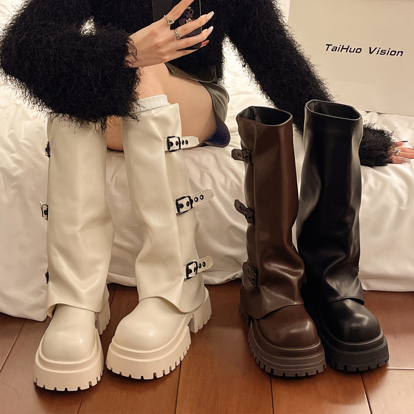 永希女靴西部皮带扣不过膝长靴