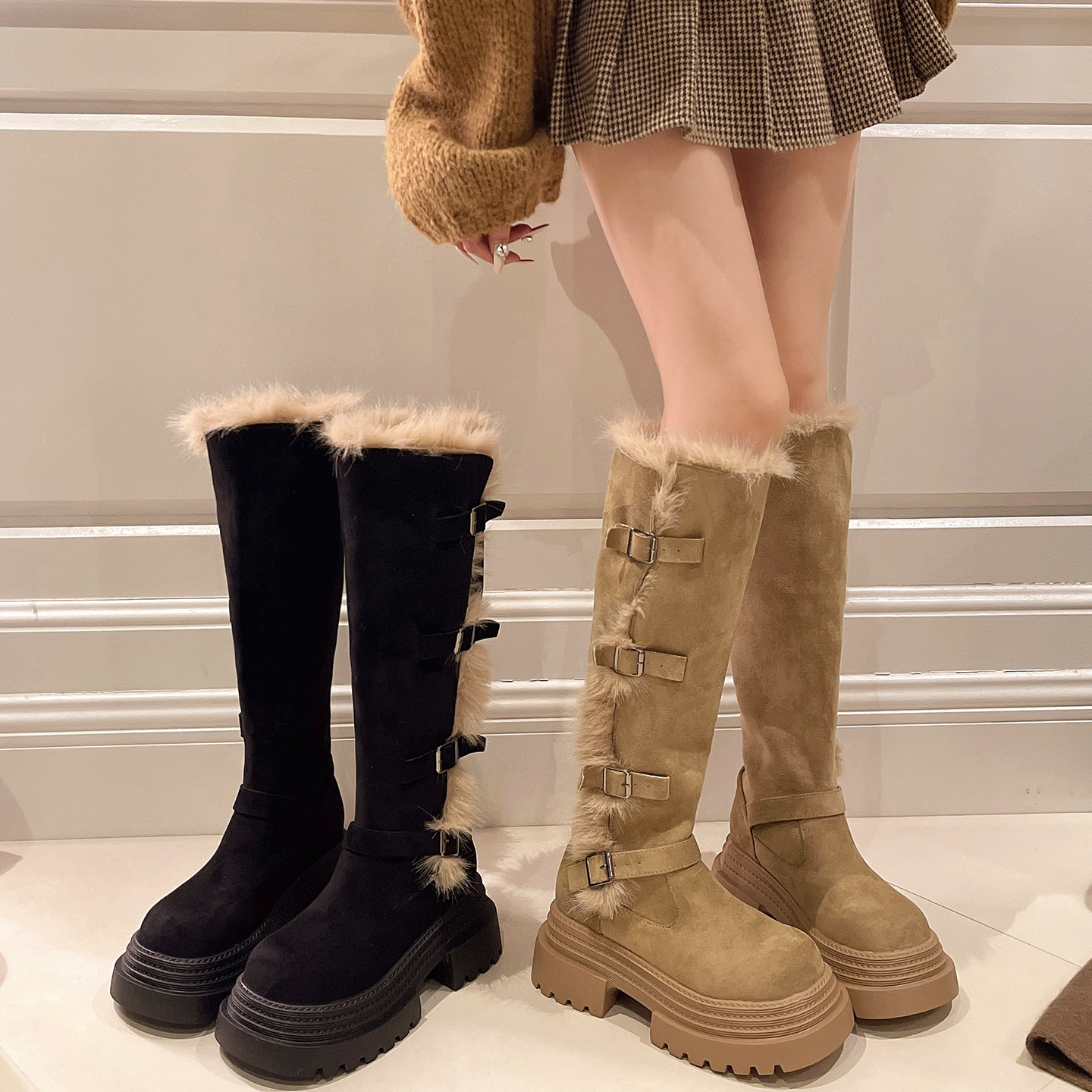 永希女靴皮带扣加绒保暖雪地棉靴