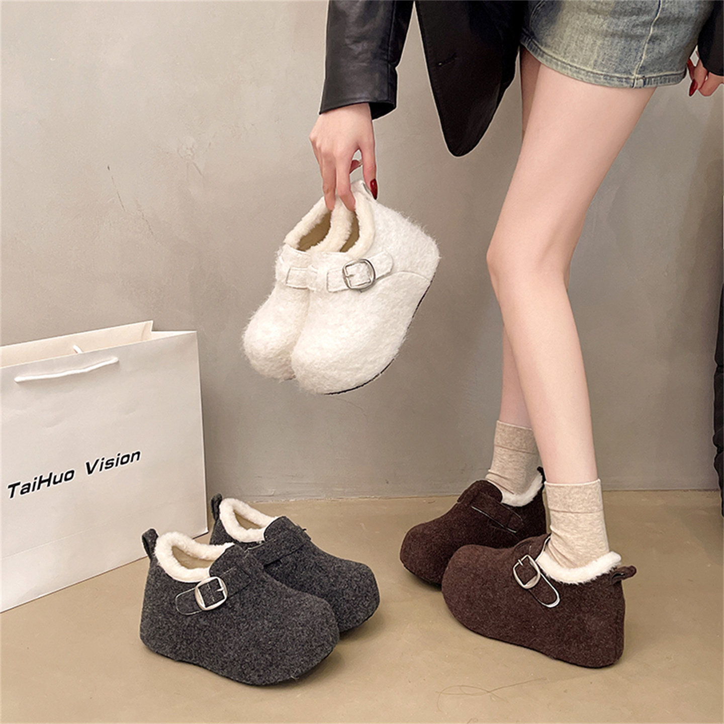 内增高气质毛毛鞋女2025冬季新款法式小土豆勃肯鞋加绒小个子棉鞋,女鞋,深口单鞋,淘宝优惠券,粉丝福利购,淘宝优惠卷