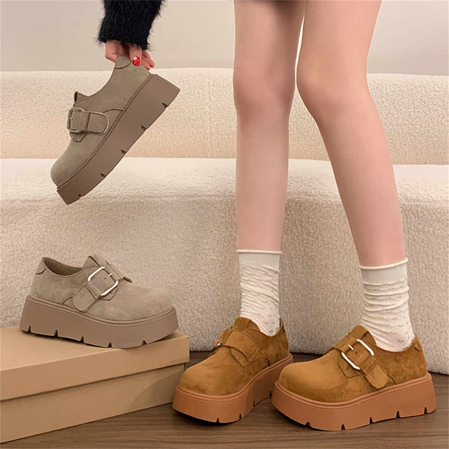 厚底增高勃肯鞋女2026年春季新款气质一脚蹬乐福鞋百搭高级感单鞋,女鞋,深口单鞋,淘宝优惠券,粉丝福利购,淘宝优惠卷