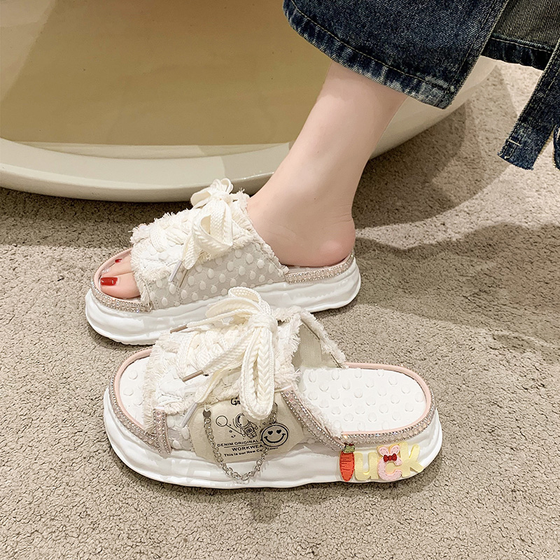 永希女鞋厚底休闲系带水钻拖鞋