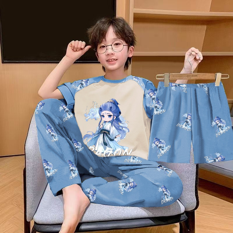 新款三件套男孩中大儿童睡衣夏季男童短袖敖丙卡通宝宝薄款家居服